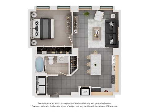 a floor plan of a studio apartment with a bedroom and a bathroom