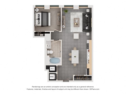 a floor plan of a studio apartment with a bathroom and a bedroom