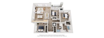 A 3D floor plan of a house with a living room, dining room, kitchen, and bathrooms.