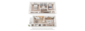 A 3D floor plan of a house with two bedrooms, a living room, a kitchen, and a bathroom.