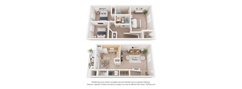 A 3D floor plan of a two-bedroom apartment with a living room, kitchen, and bathroom.