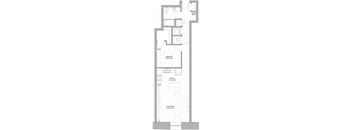 A floor plan of a house with a bedroom, a kitchen, and a living room.