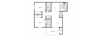 A floor plan of a house with two bedrooms, a kitchen, a storage area, and a pantry.