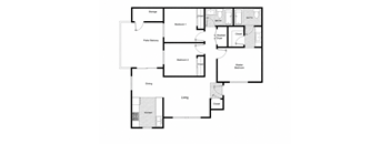 A floor plan of a house with a living room, dining room, kitchen, two bedrooms, a storage area, and a patio.