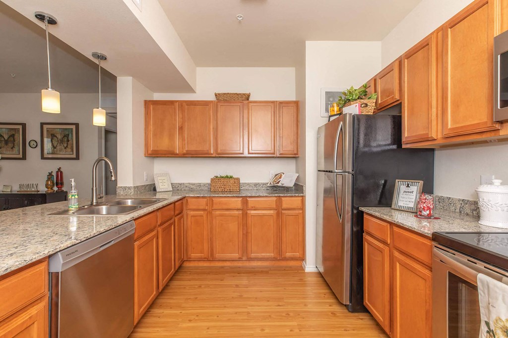 Furnished Kitchen at Mariposa at Clear Creek Webster 55+ Apartments, Texas