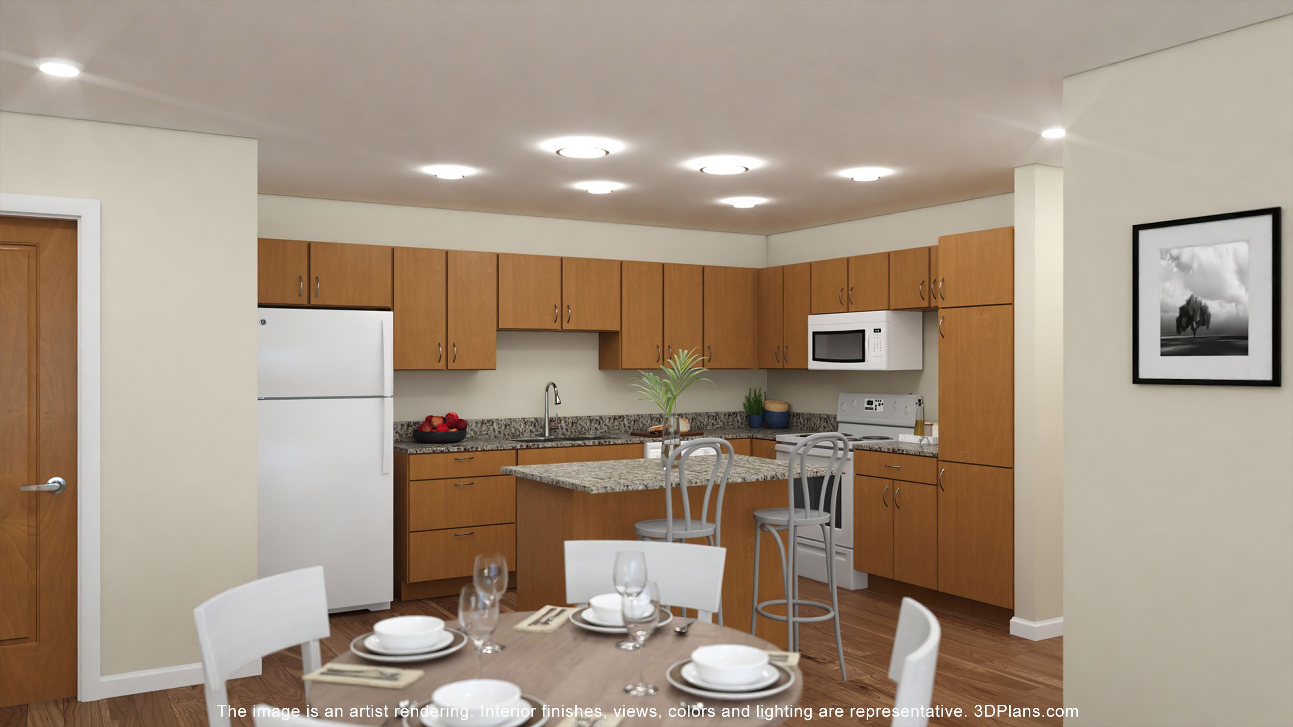 A kitchen with a table set for two with a plant on the counter.