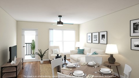 A well-lit dining room with a table set for a meal.