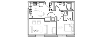 A floor plan of a house with a living room, kitchen, and bedroom.