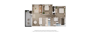 A floor plan of a small apartment with a kitchen, living room, and bathroom.