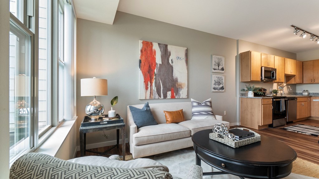 Model Apt Living Room & Kitchen at Orville Commons, Woodbury, MN 55129