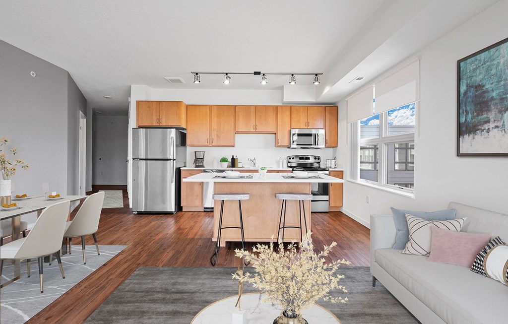 Model Kitchen and living at 1500 Nicollet Apartment Homes, Minneapolis, Minnesota