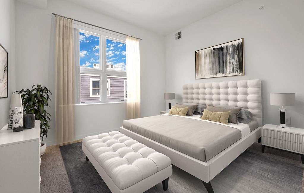Bedroom with cozy bed at 1500 Nicollet Apartment Homes, Minneapolis, 55403