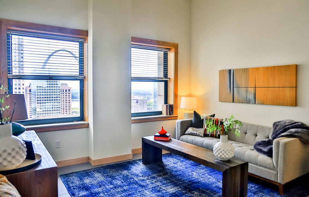 Living room with specious window at Arcade Apartments, St Louis, 63101
