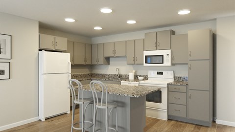 a kitchen with white appliances and a marble counter top