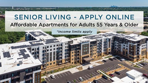 Dominium_Bren Road Station_Aerial  Exterior at Bren Road Station 55+ Apartments, Minnetonka, MN_With Affordable and Senior Housing Banner Text
