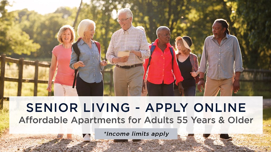 Seniors Walking Outside Lifestyle Image with Senior & Affordable Banner Text at The Cambric Senior Apartments, Minnesota