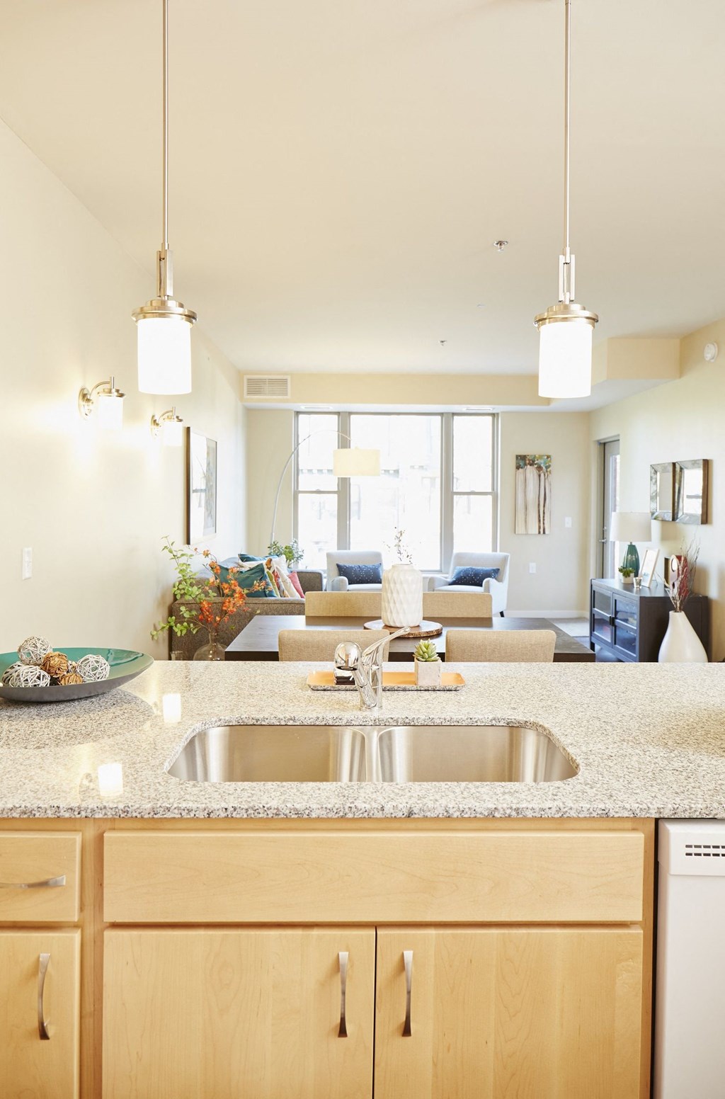 Kitchen and Living Room at The Cambric Senior Apartments, St. Paul Minnesota