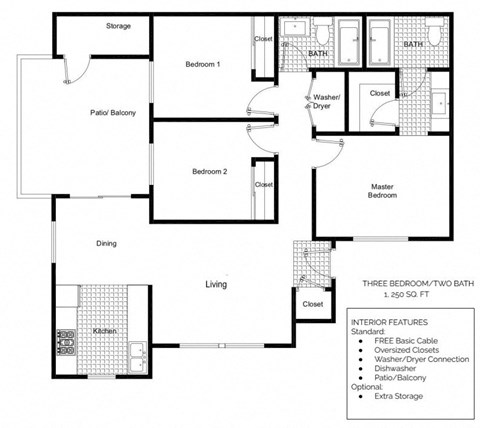a floor plan of a house with three bedrooms and two baths