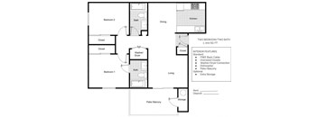 a floor plan of a house with two bedrooms and two bathrooms