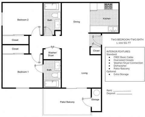 a floor plan of a house with two bedrooms and two bathrooms