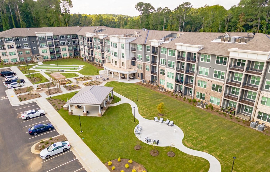 Courtyard aerial view at Covington Crossings 55+ Senior Living, Covington