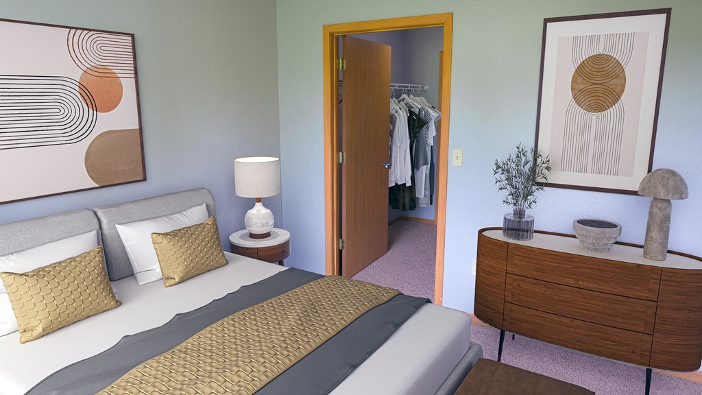 a bedroom with a bed and a dresser and a closet at The Villages at Essex Park, Rochester, MN 55901