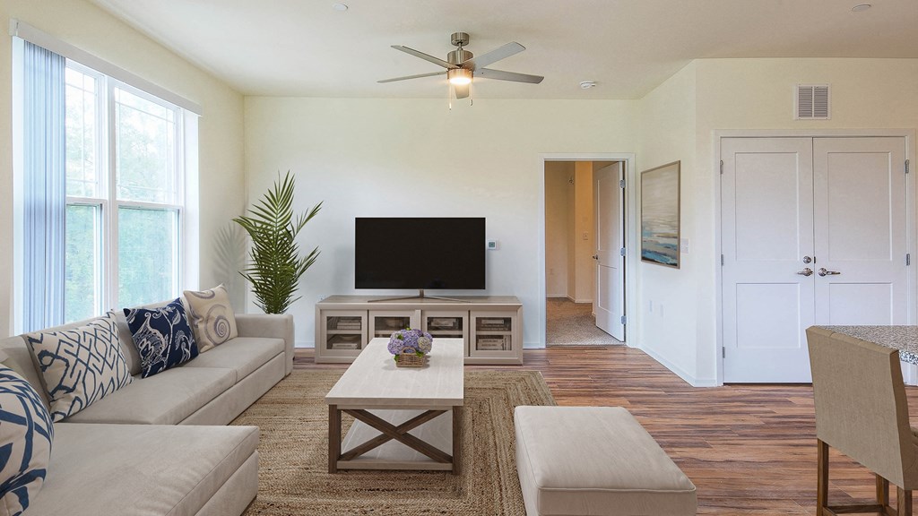 Living Room With TV at Haven at Congaree Pointe 55+ Apartments, South Carolina, 29209