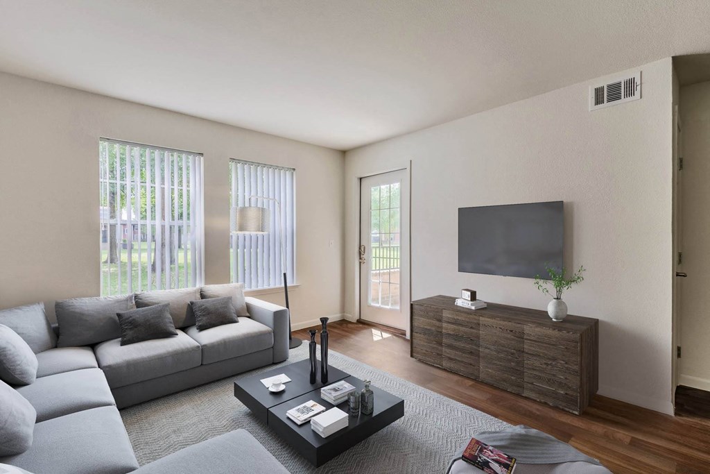 Living Room With TV at Lakecrest Village, Houston, TX 77078