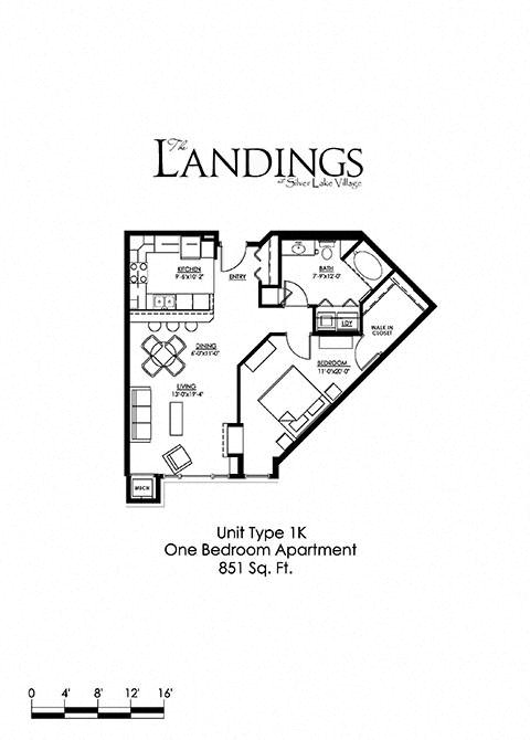 1 Bedroom Floor Plan at The Landings at Silver Lake Village, St. Anthony