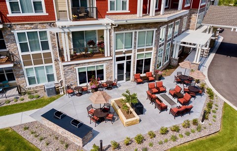 Aerial View Of Outdoor Patio at The Legends of Cottage Grove 55+ Apartments, Minnesota, 55016