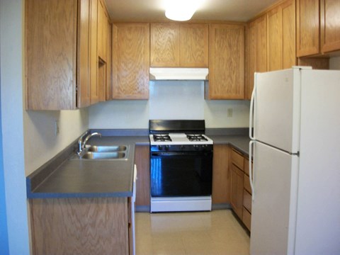 a kitchen with wooden cabinets and a refrigerator and a sink