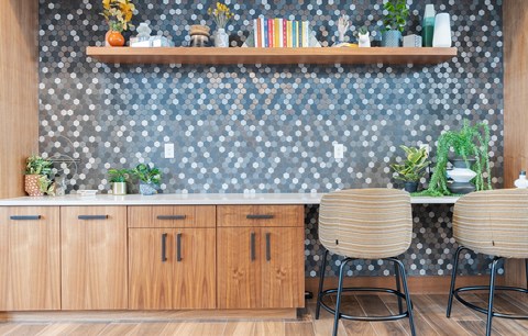 a kitchen with two chairs and a counter with plants