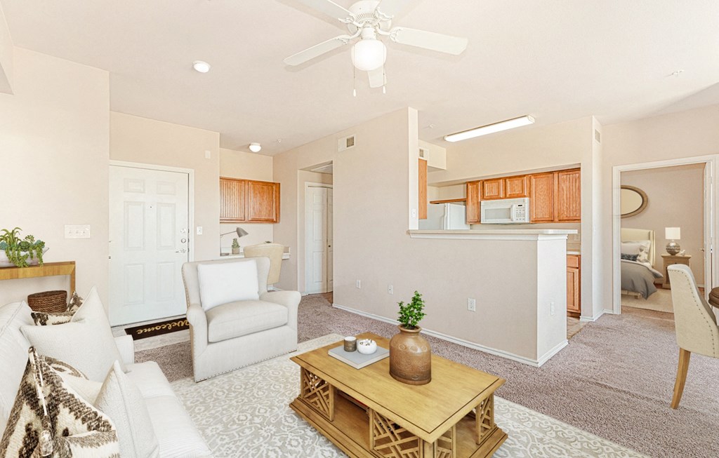 Living Room With Kitchen at The Cesera 55+ Apartments, Texas
