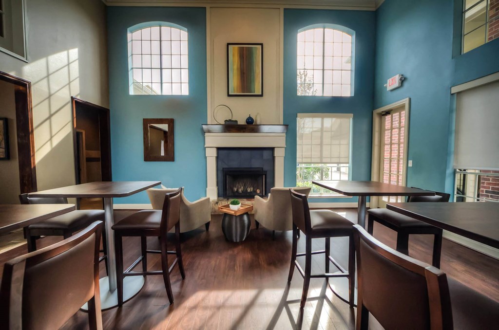Community Room with fireplace at Villa Springs, Houston, Texas