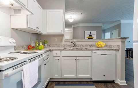 a kitchen with white cabinets and a counter top