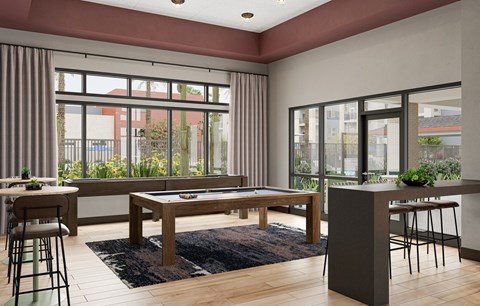 A modern living room with a pool table and bar area.