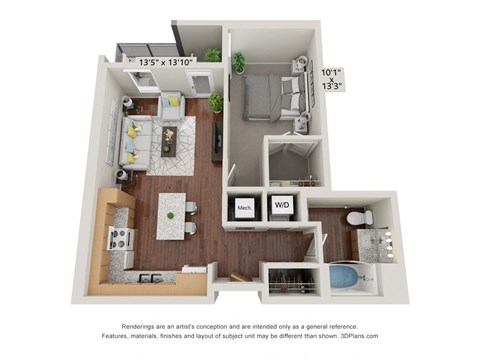 1 bed 1 bath 1D Floor Plan at 900 at Cleveland Park, Nashville Tennessee