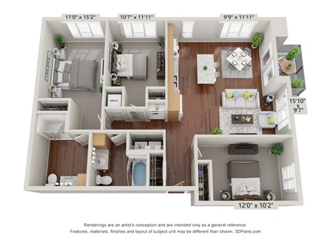 3 bed 2 bath 3A Floor Plan at 900 at Cleveland Park, Nashville, TN