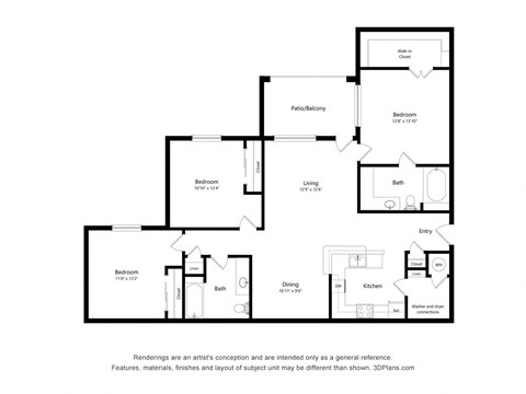 3 Bedroom Floor Plan at Alexander at Stonecrest Apartments, Lithonia, GA 30058