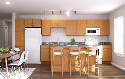 A kitchen with wooden cabinets and white appliances.