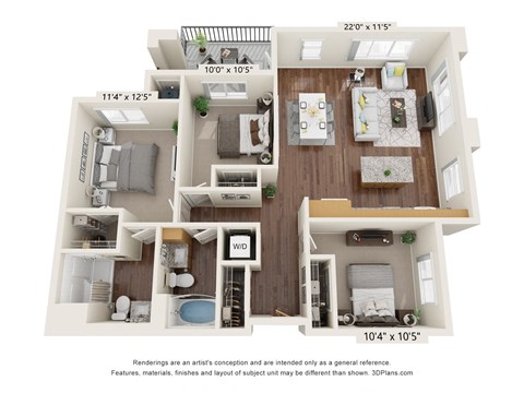 3BD Floor Plan at Aviara Flats, Phoenix, AZ 85035