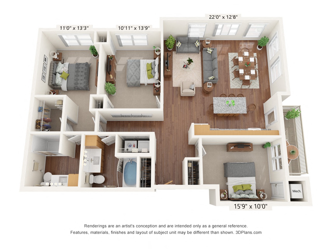Three Bedroom - B Floor Plan at Bren Road Station 55+ Apartments, Minnetonka, MN, 55343