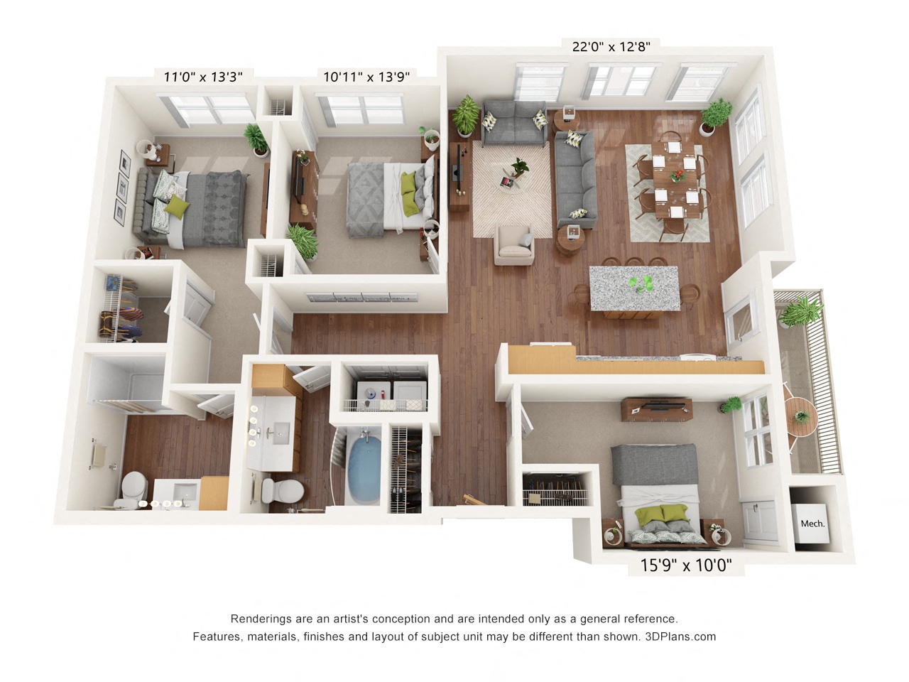 Three Bedroom - D Floor Plan at Bren Road Station 55+ Apartments, Minnetonka