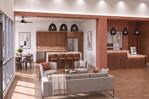 A modern living room with a grey sofa and a wooden cabinet.