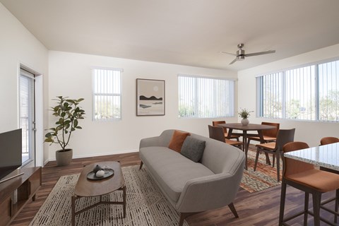 A living room with a grey couch, a coffee table, and a television.