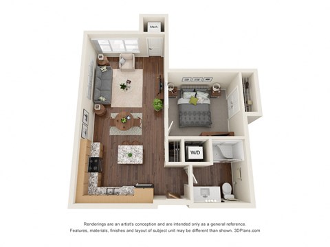 Dominium_Harbor at Twin Lakes_1 Bedroom A_3D Floor Plan Image