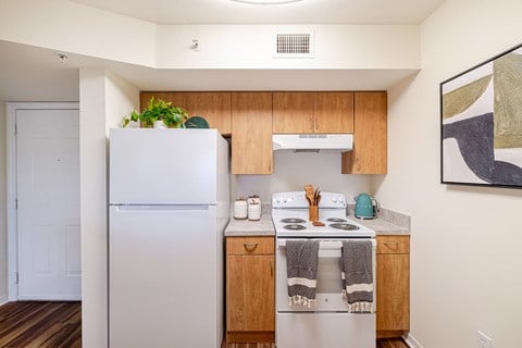 A kitchen with a white refrigerator and wooden cabinets.