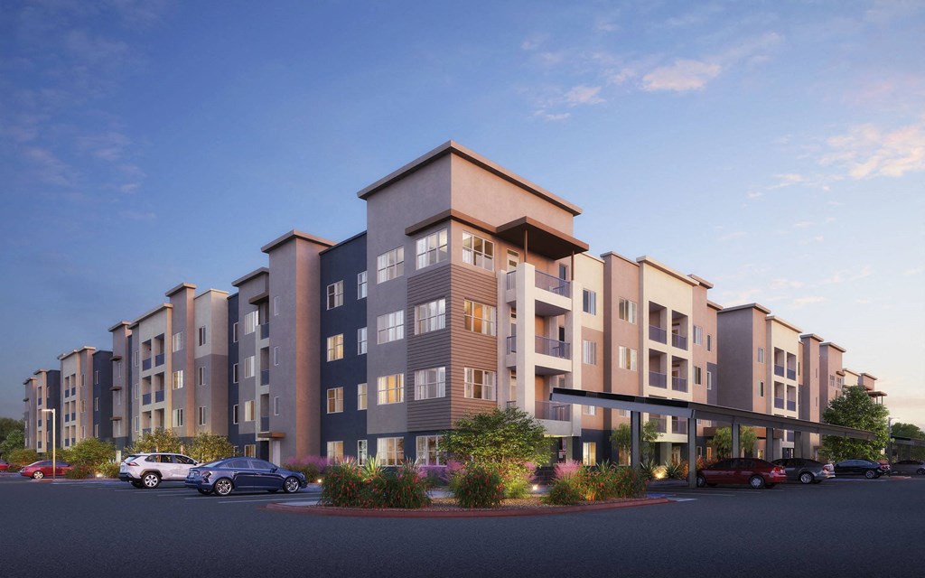 Building Exterior In Dusk at Juniper Square 55+ Apartments, Glendale