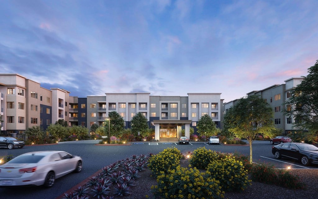 Leasing Entrance In Dusk at Juniper Square 55+ Apartments, Arizona, 85301