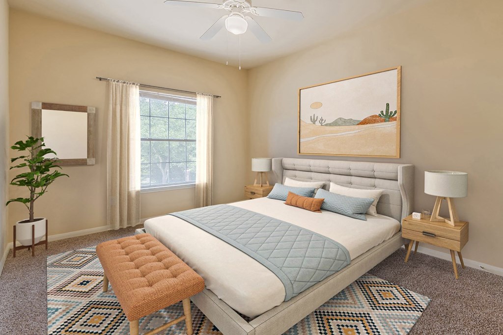 Bedroom with bed Bedroom with bed at Lakeside Pointe Apartments & Townhomes, Pearland, Texas
